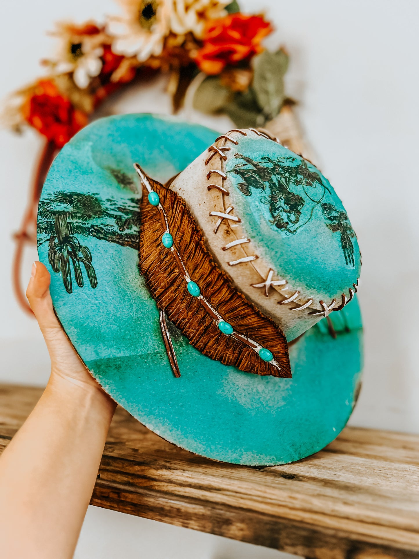 Lainey’s Next Outlaw | Turquoise Burned Fedora Hat with Cowboy Pyrography Art