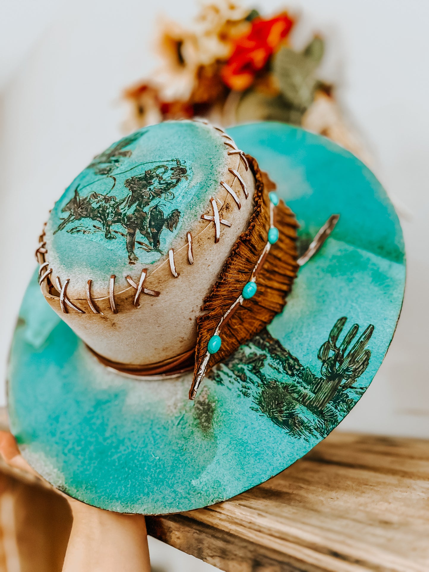 Lainey’s Next Outlaw | Turquoise Burned Fedora Hat with Cowboy Pyrography Art