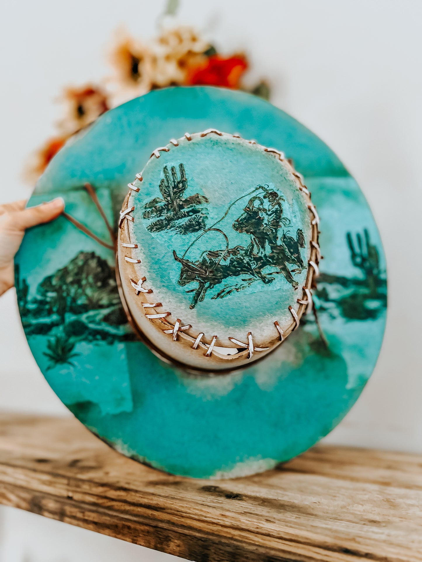 Lainey’s Next Outlaw | Turquoise Burned Fedora Hat with Cowboy Pyrography Art