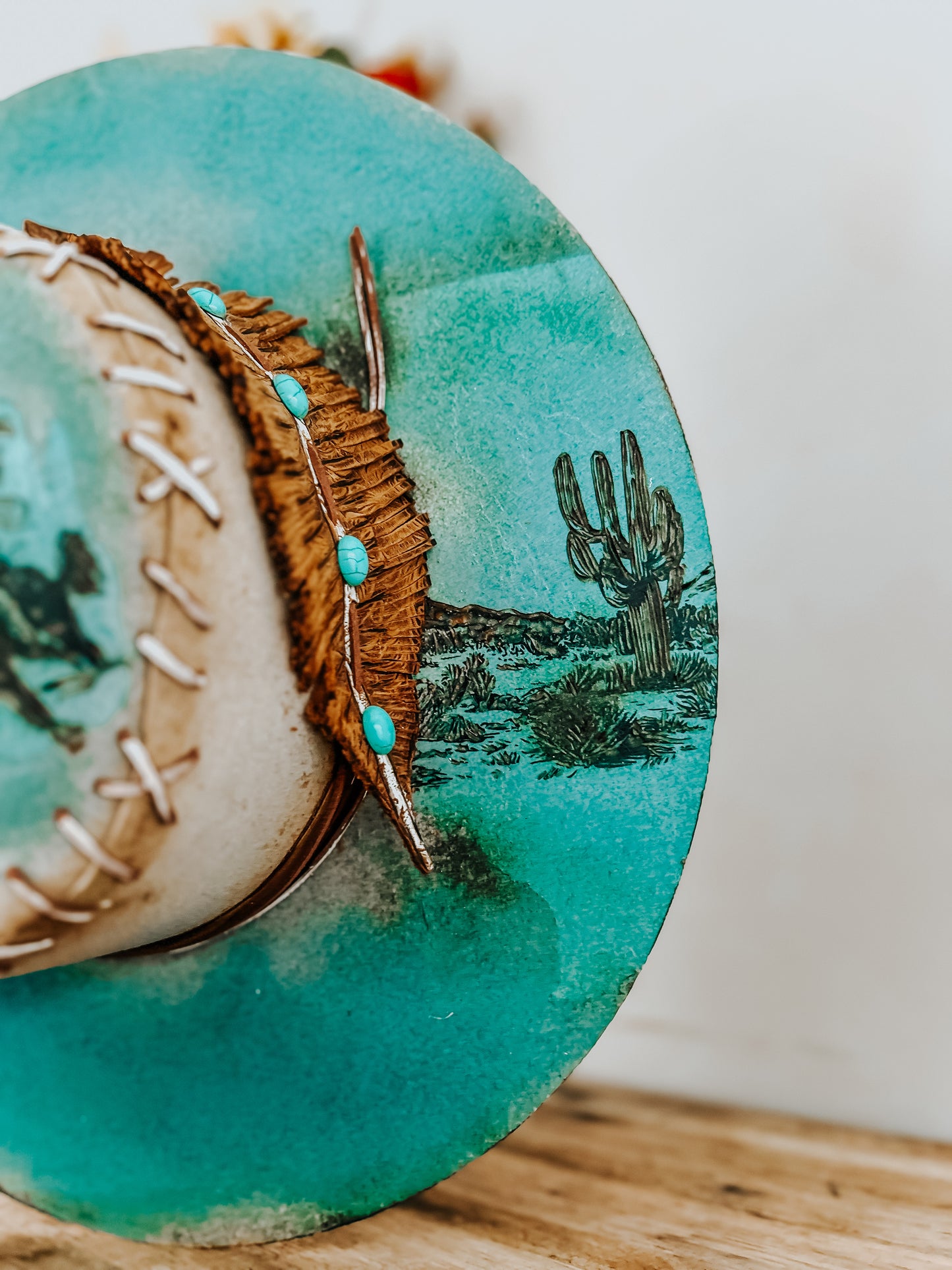 Lainey’s Next Outlaw | Turquoise Burned Fedora Hat with Cowboy Pyrography Art