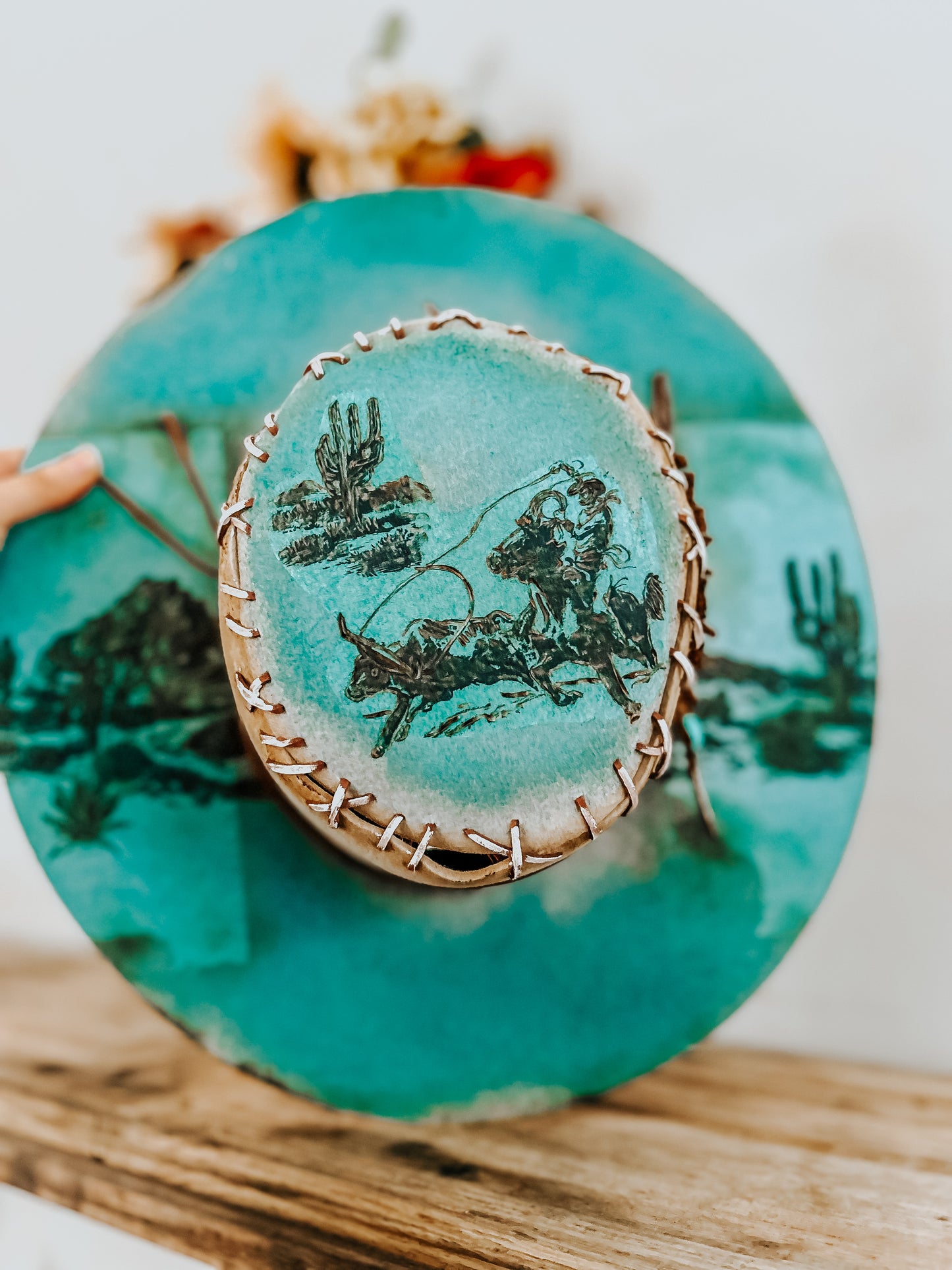 Lainey’s Next Outlaw | Turquoise Burned Fedora Hat with Cowboy Pyrography Art