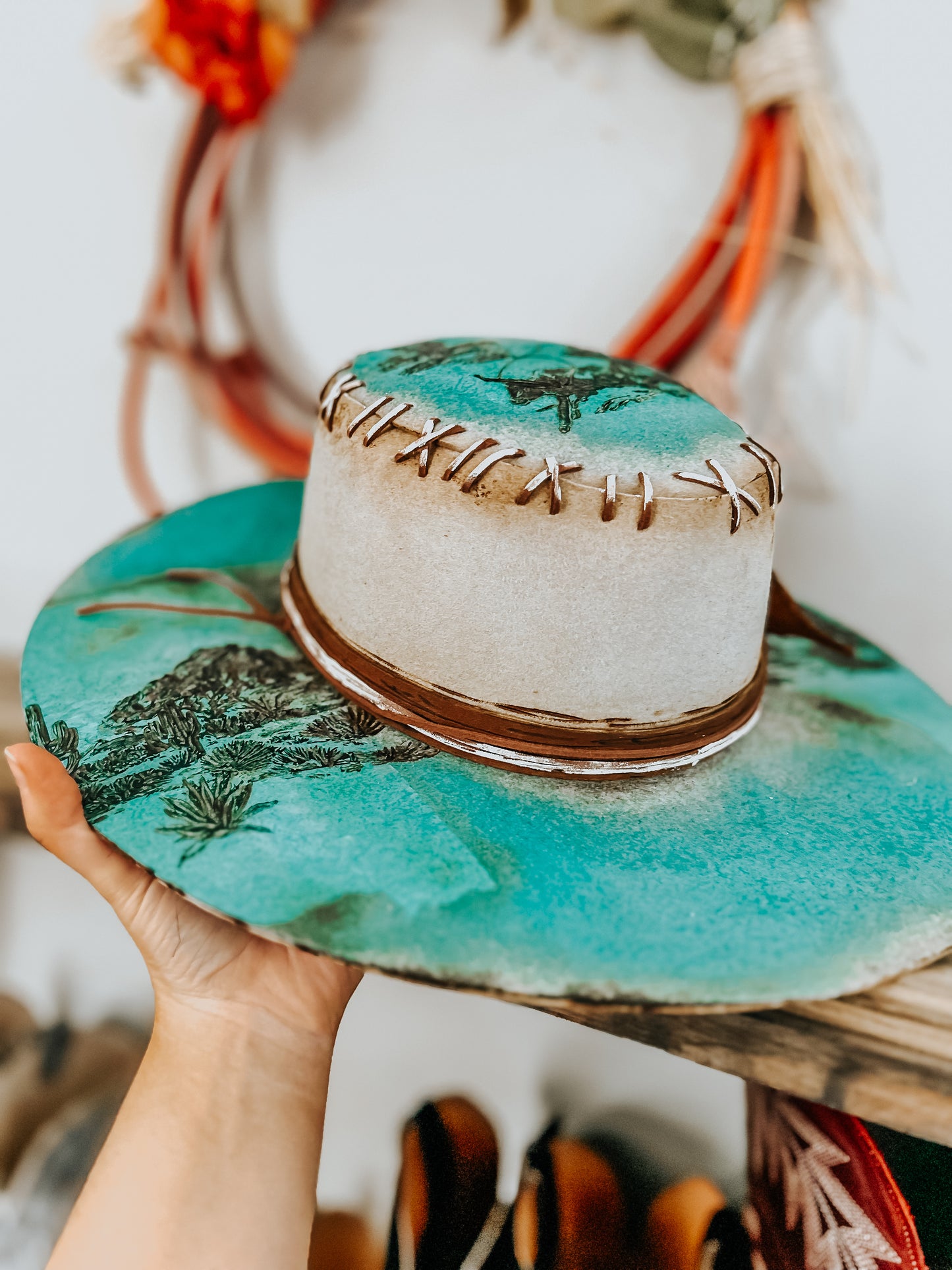 Lainey’s Next Outlaw | Turquoise Burned Fedora Hat with Cowboy Pyrography Art