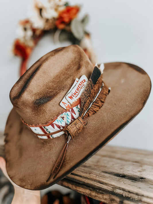 Native to the West Burned Cowboy Hat | Aztec Cowboy Hat | Distressed Hat | Brown Burned hat