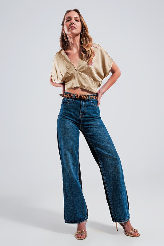 Short sleeve cropped satin top in beige