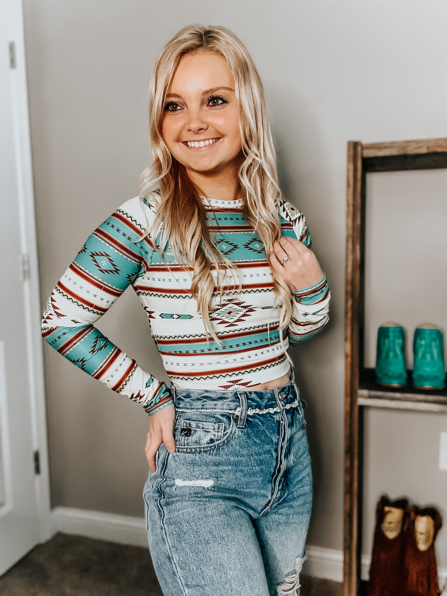 Aztec long-sleeve crop top