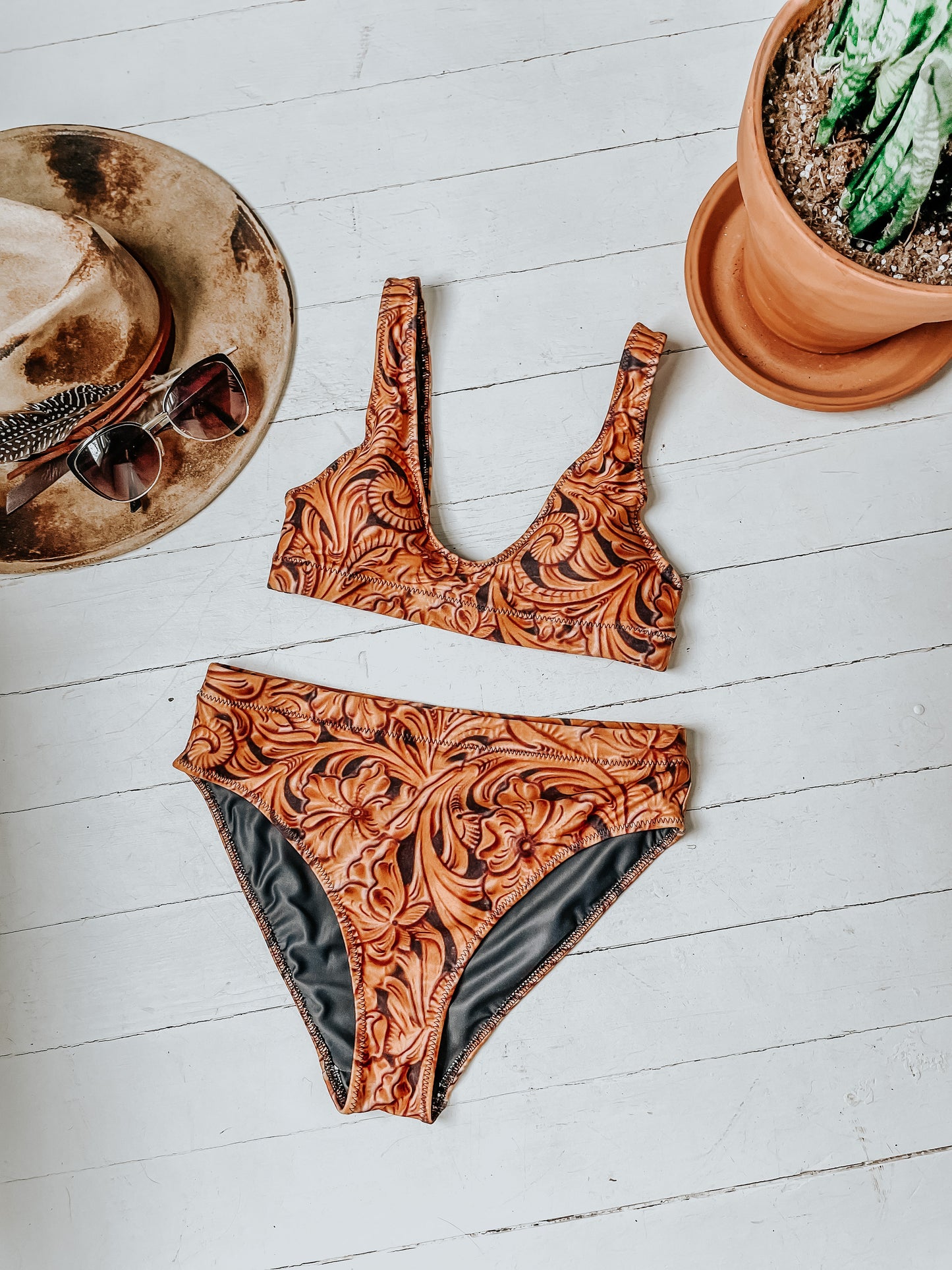 Tooled Leather Printed Bikini Bottoms