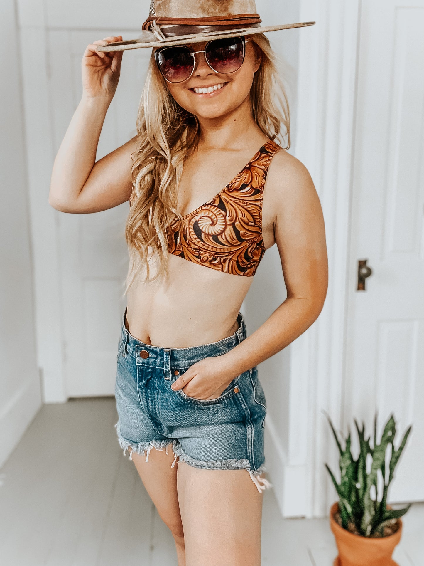 Tooled Leather Printed Bikini Top