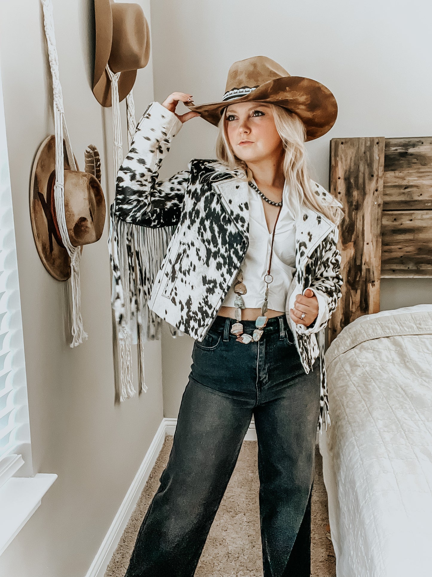 Cowhide Fring Jacket in Black