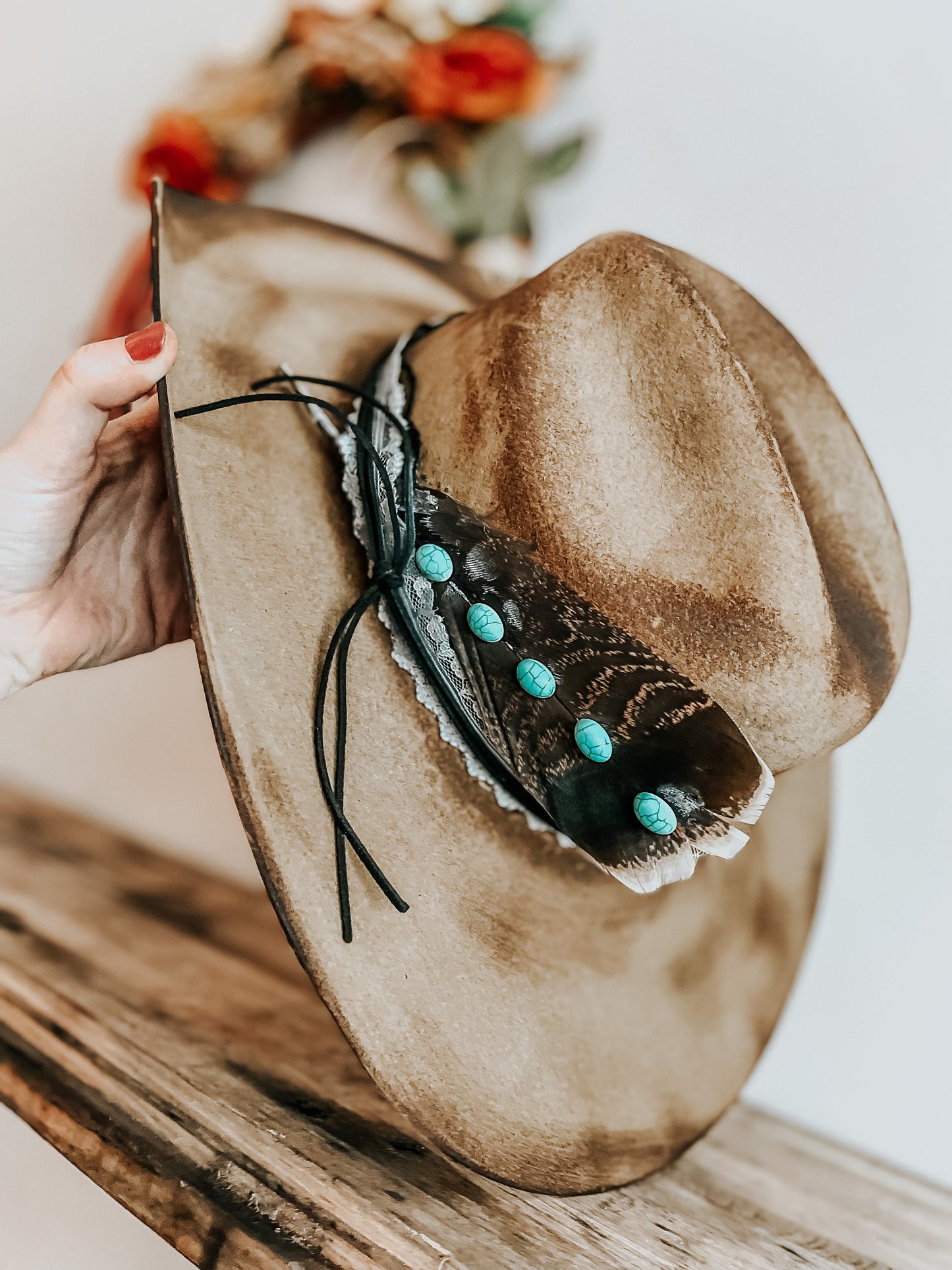 Turquoise Junkie Western Burned Hat | Feathered hat | Distressed Cowboy Hat | Turquoise Accent Hat