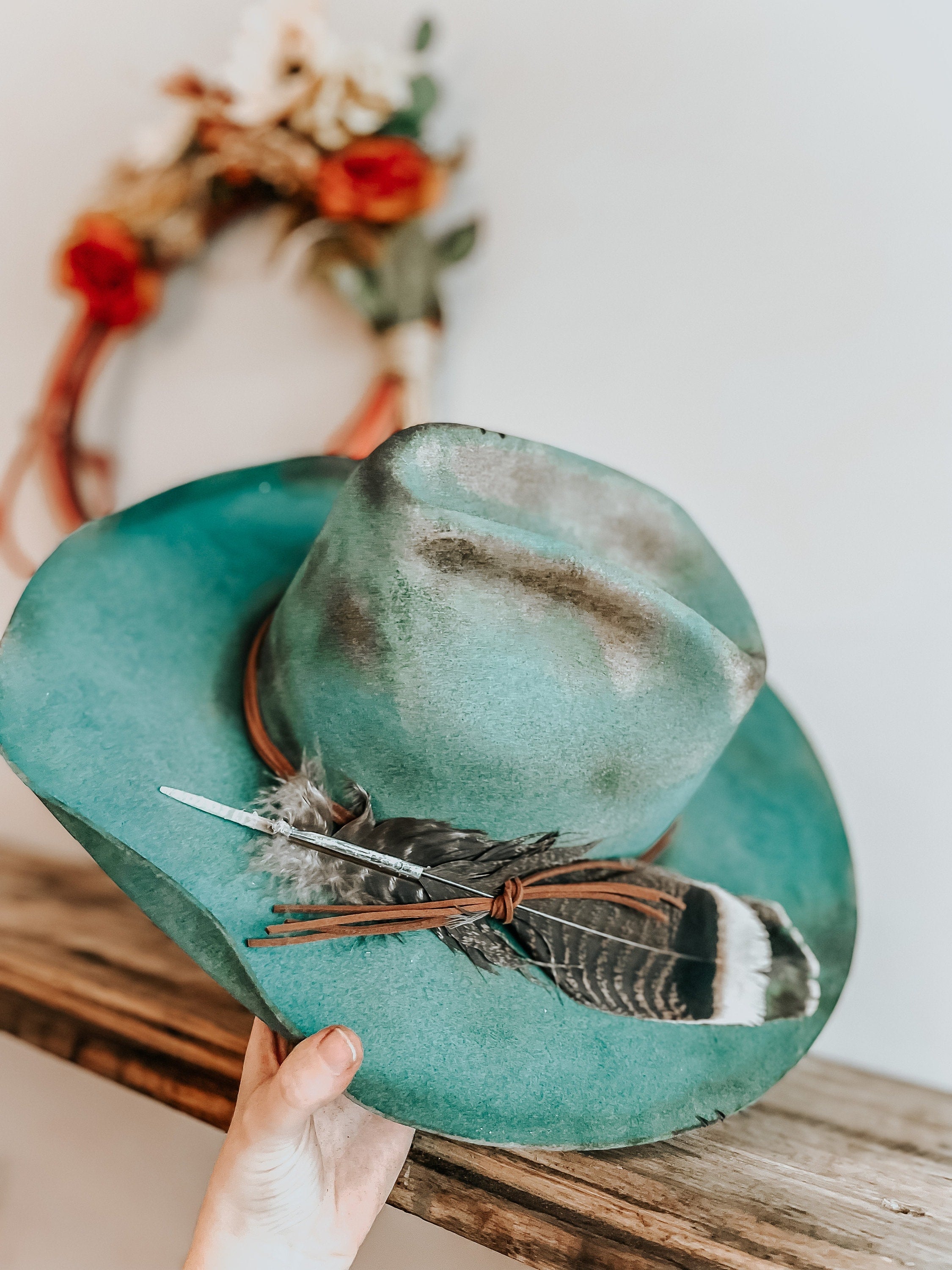 Turquoise Outlaw Burned Hat | Burned Western Hat | Cowboy Hat | Distressed  Hats | Feathered Cowboy Hat