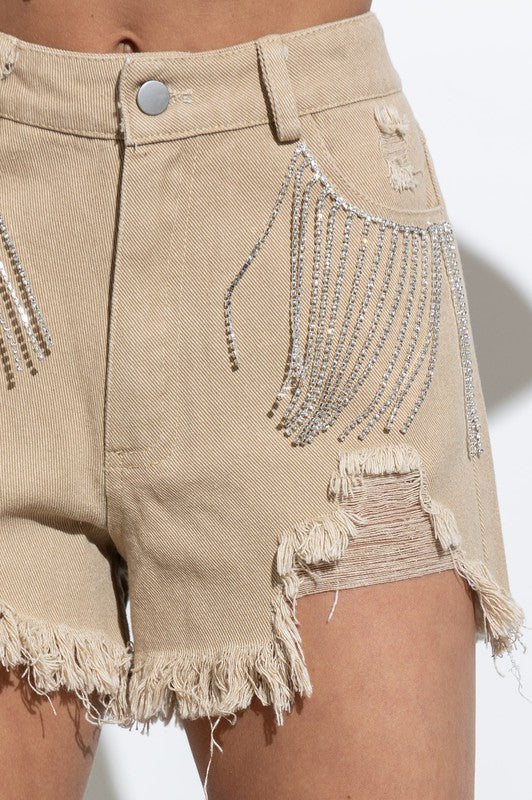 Frayed Rhinestone Denim Shorts