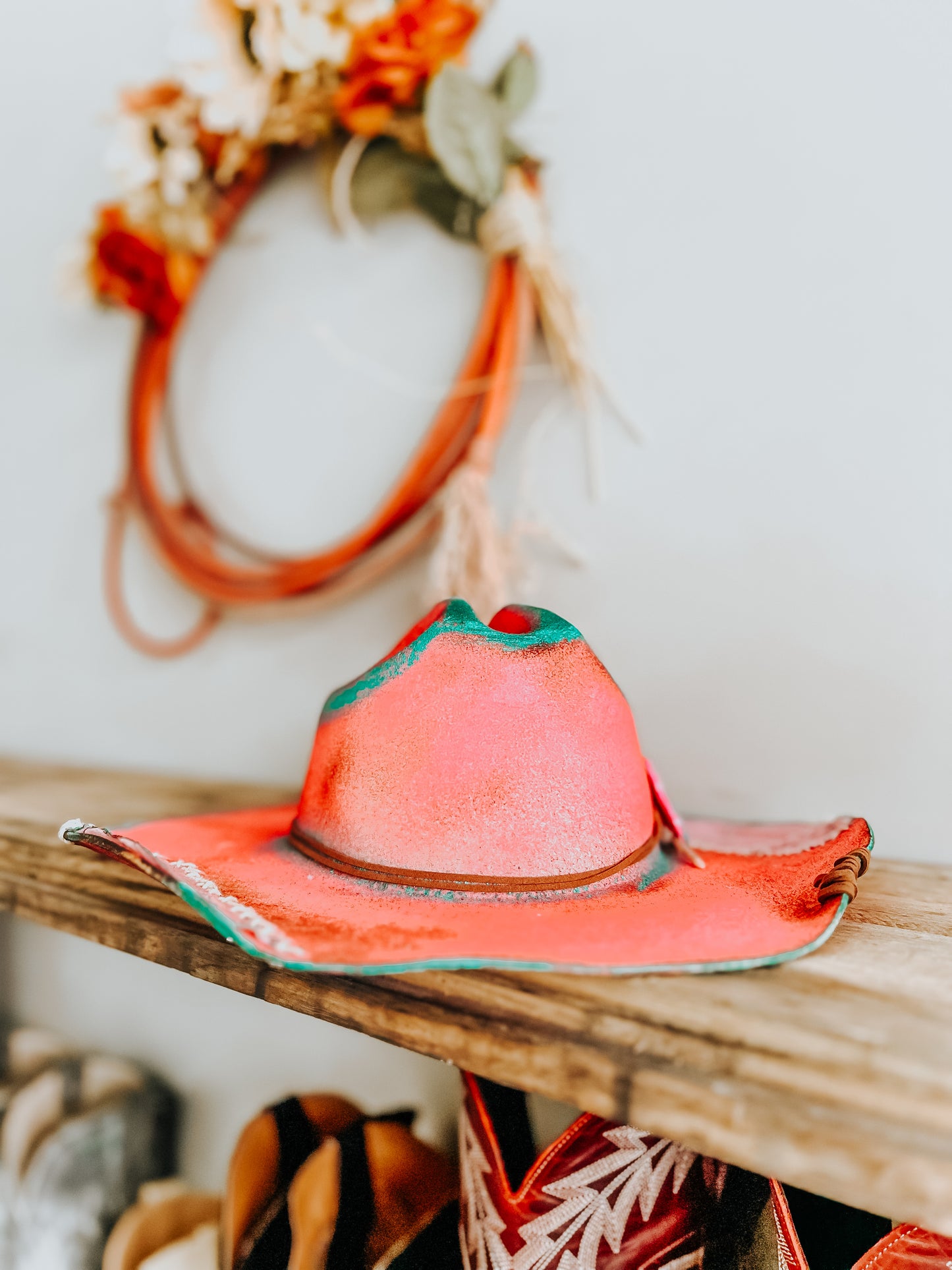 Pink & Punchy Cowgirl Burned Cowboy Hat | Feathered Cowboy hat | Distressed Hat | Neon Hat