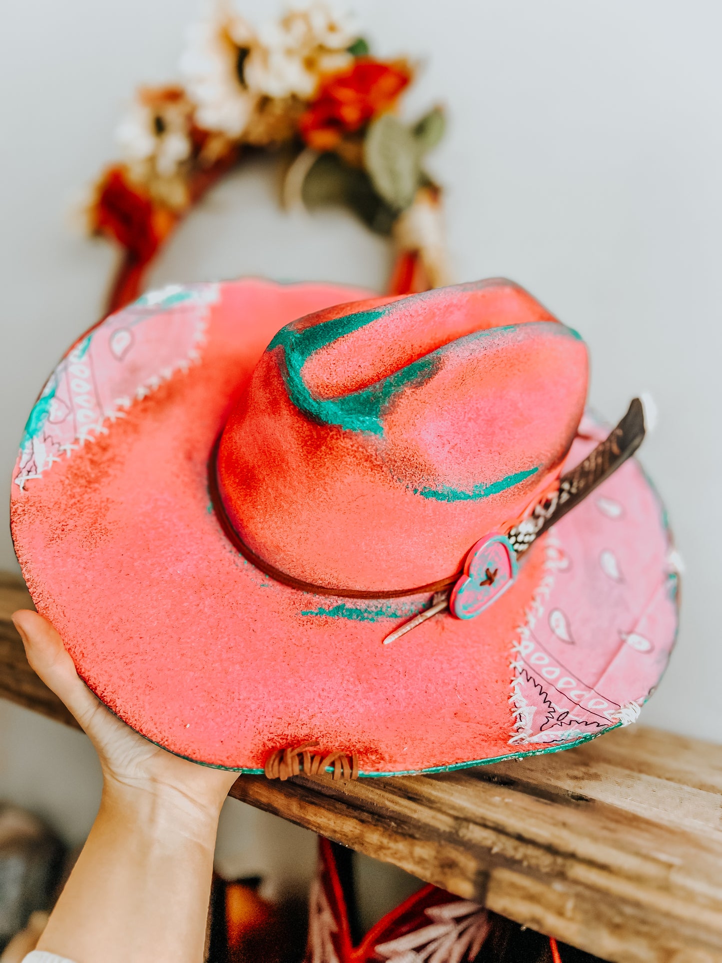 Pink & Punchy Cowgirl Burned Cowboy Hat | Feathered Cowboy hat | Distressed Hat | Neon Hat