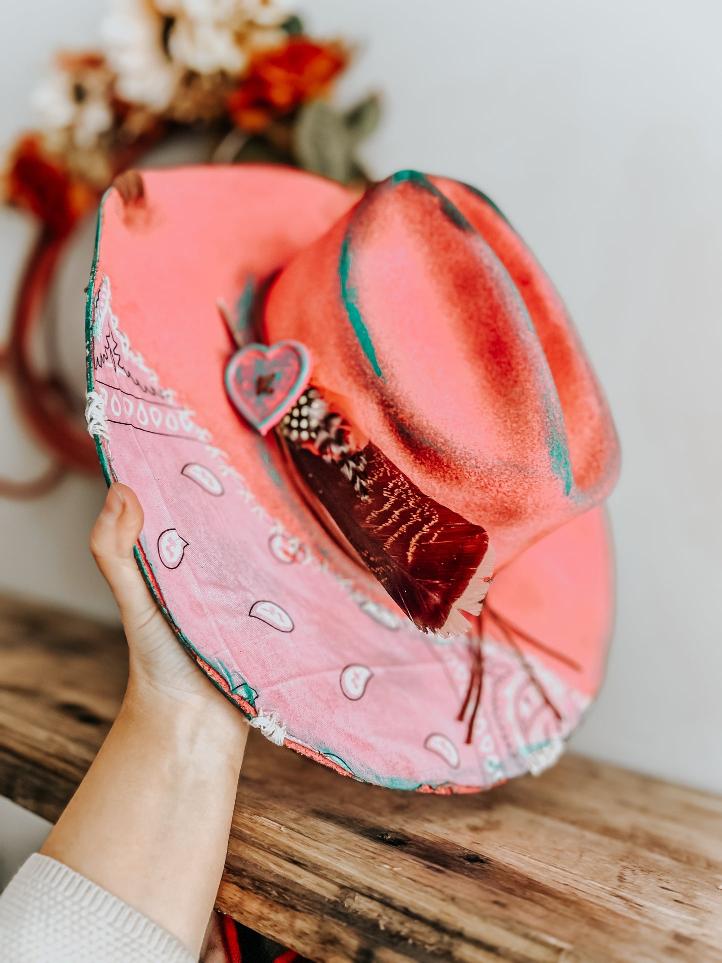 Pink & Punchy Cowgirl Burned Cowboy Hat | Feathered Cowboy hat | Distressed Hat | Neon Hat