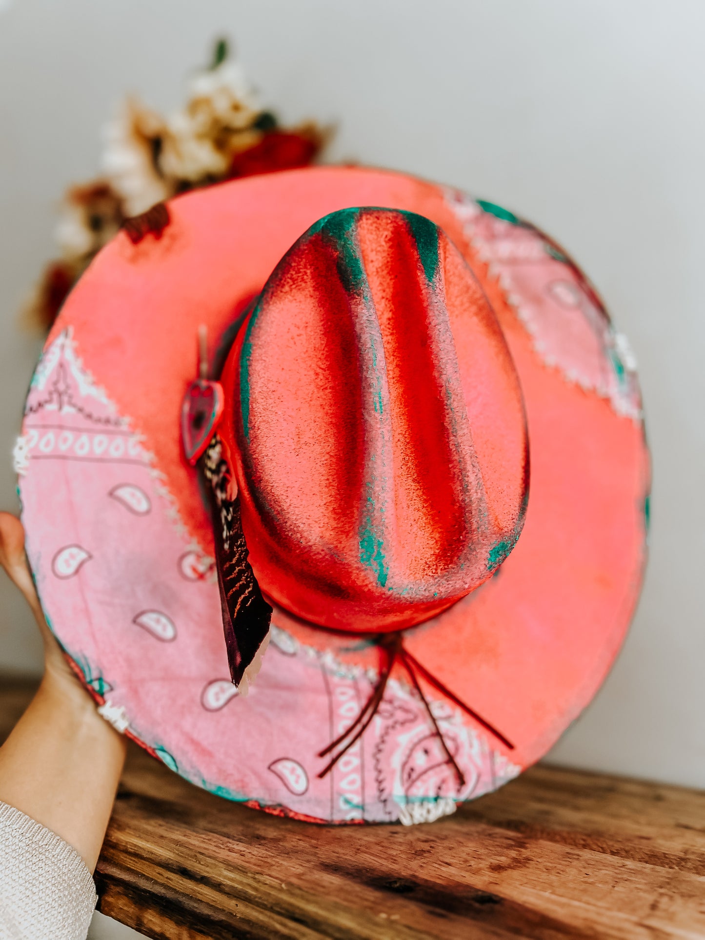 Pink & Punchy Cowgirl Burned Cowboy Hat | Feathered Cowboy hat | Distressed Hat | Neon Hat