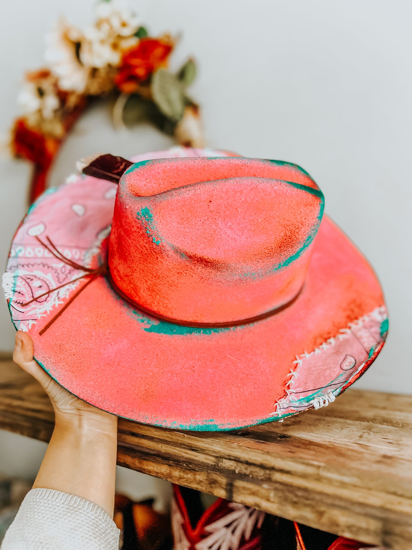 Pink & Punchy Cowgirl Burned Cowboy Hat | Feathered Cowboy hat | Distressed Hat | Neon Hat