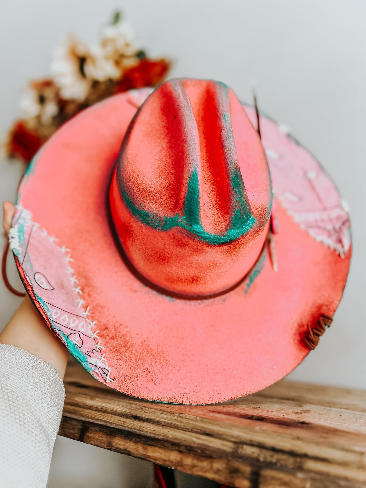 Pink & Punchy Cowgirl Burned Cowboy Hat | Feathered Cowboy hat | Distressed Hat | Neon Hat