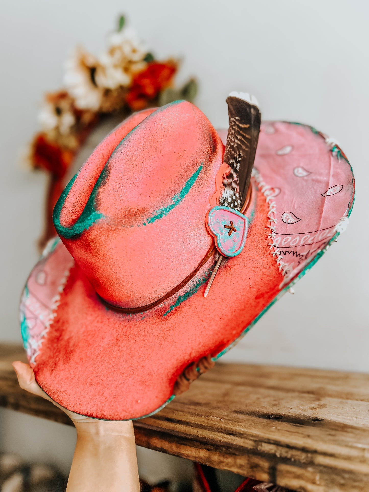 Pink & Punchy Cowgirl Burned Cowboy Hat | Feathered Cowboy hat | Distressed Hat | Neon Hat