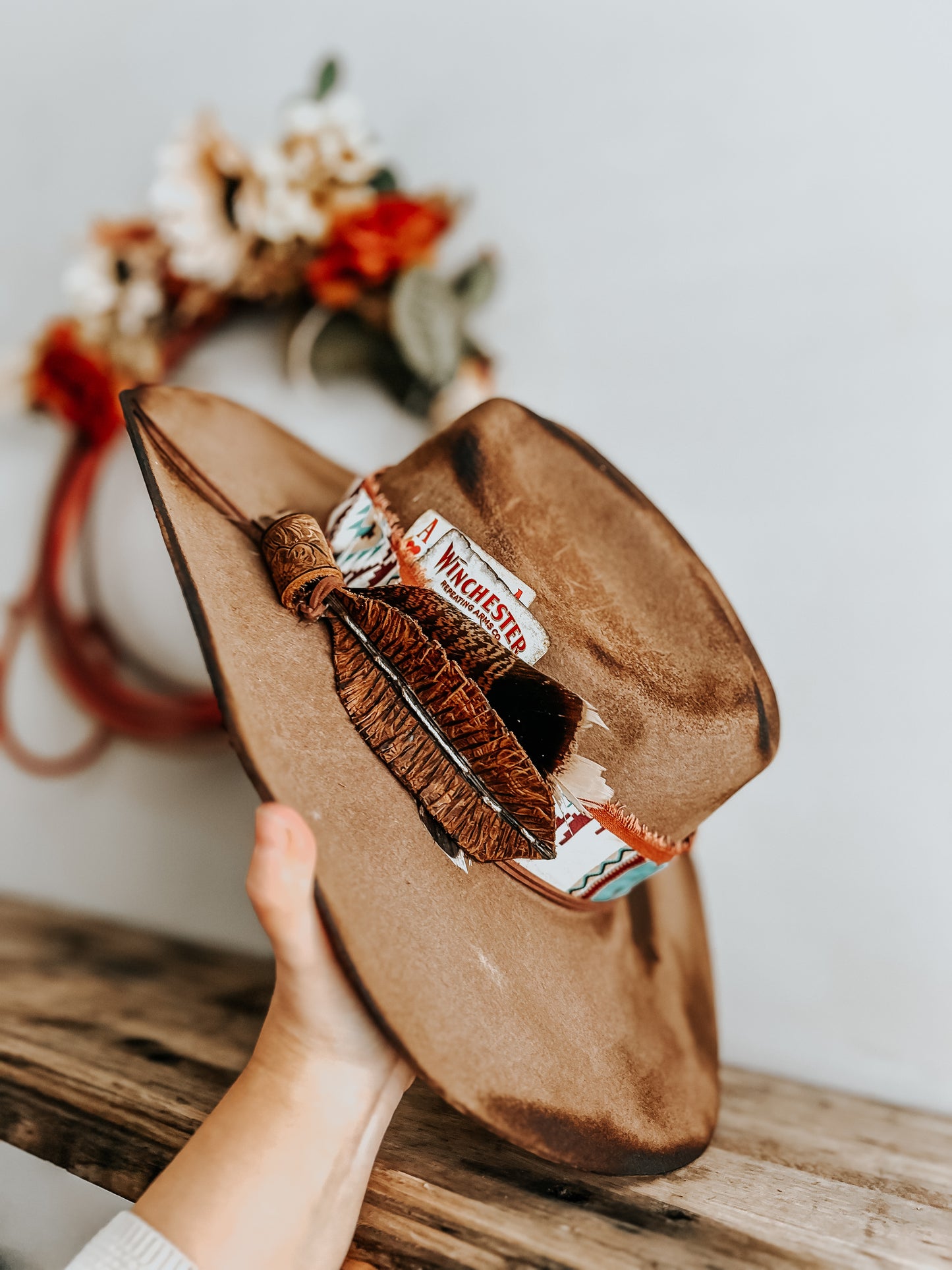 Native to the West Burned Cowboy Hat | Aztec Cowboy Hat | Distressed Hat | Brown Burned hat