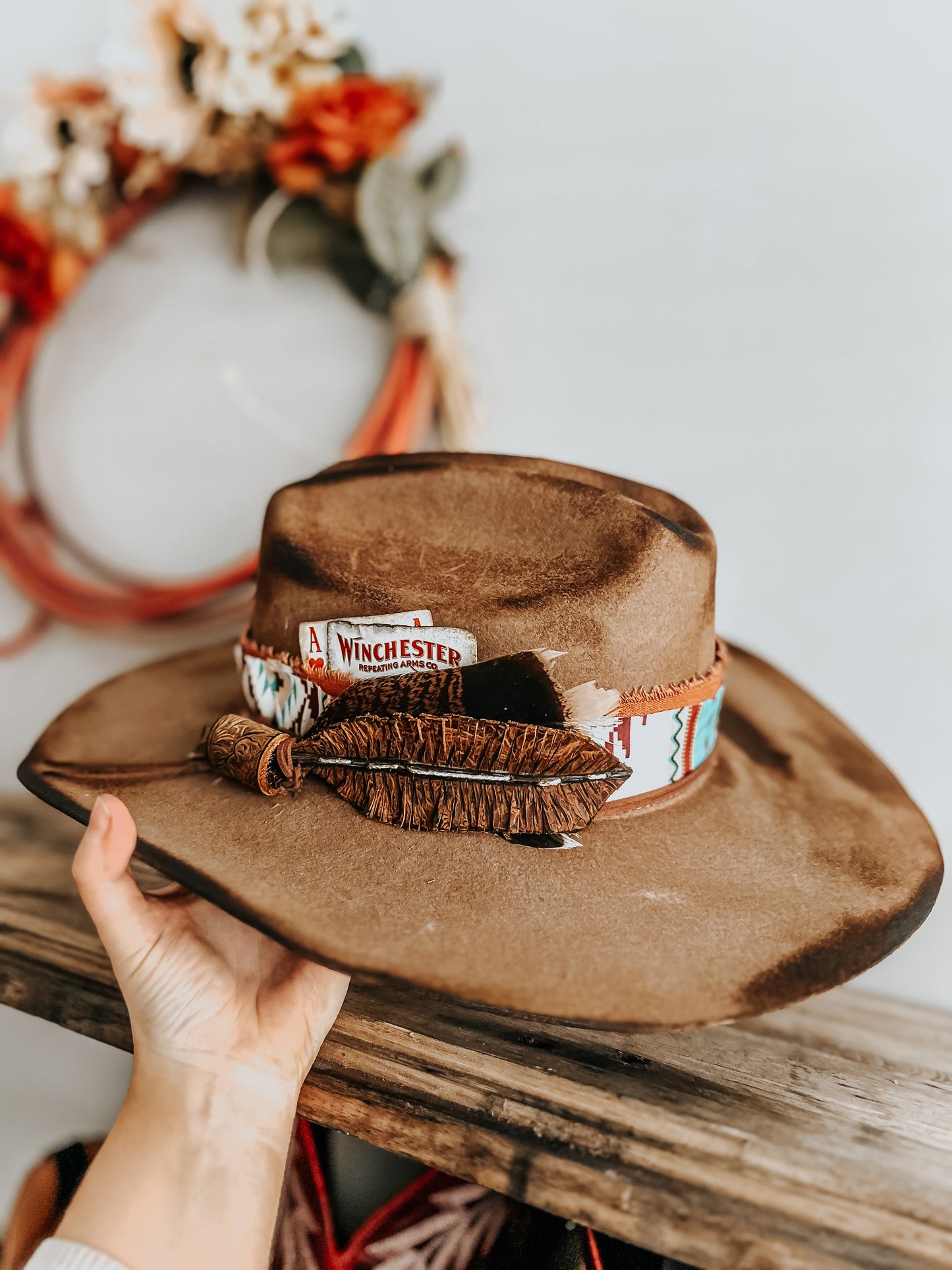 Native to the West Burned Cowboy Hat | Aztec Cowboy Hat | Distressed Hat | Brown Burned hat