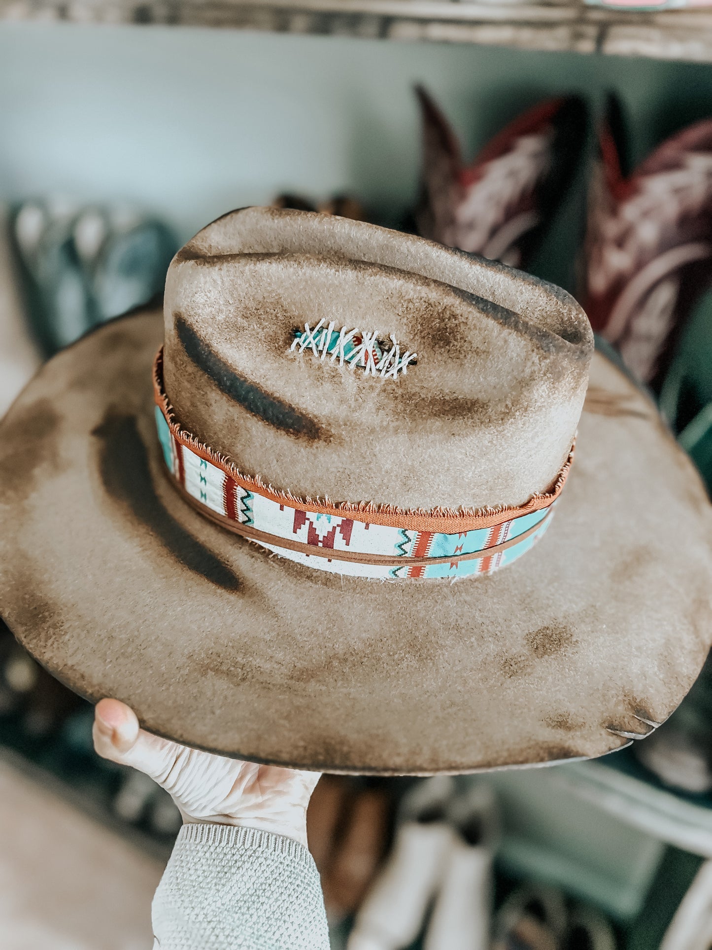 Native to the West Burned Cowboy Hat | Aztec Cowboy Hat | Distressed Hat | Brown Burned hat