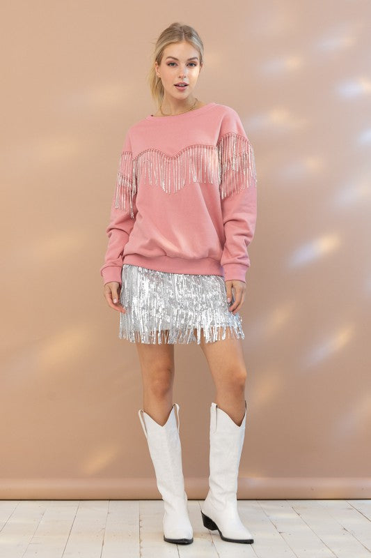 Rhinestone Fringe Pullover Top