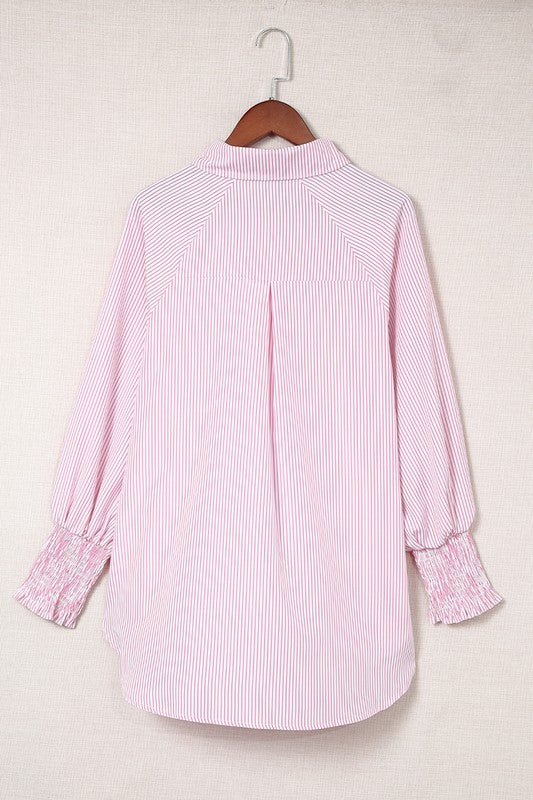 Smocked Cuffed Striped Boyfriend Shirt