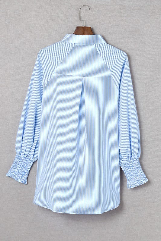 Smocked Cuffed Striped Boyfriend Shirt