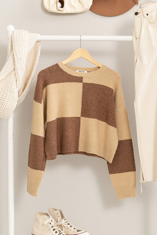 CHECKERED LONG SLEEVE COLOR-BLOCK SWEATER