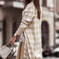 Khaki Open Front Plaid Long Cardigan