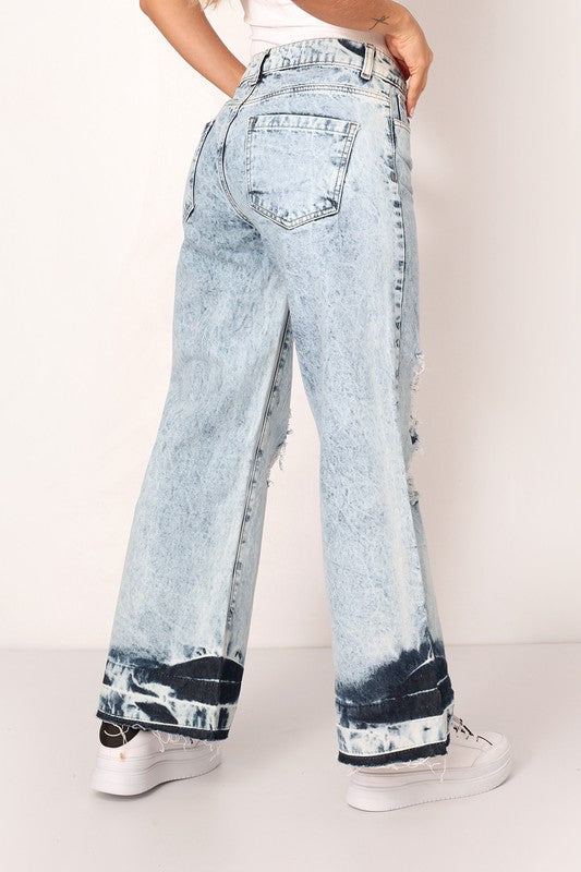 DISTRESSED ACID WASH RELEASED HEM WIDE LEG JEAN