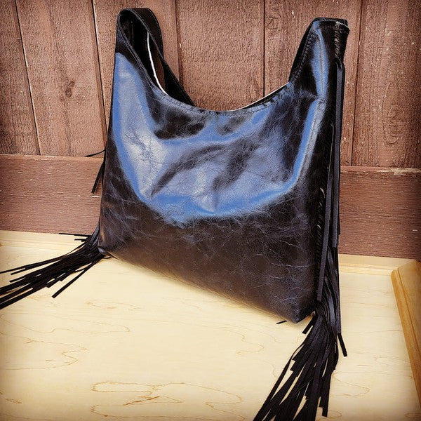 Western bag Black , Boho Fringe Leather Bag, Brindle Hair on Leather W/  Fringe