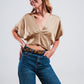 Short sleeve cropped satin top in beige