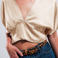 Short sleeve cropped satin top in beige