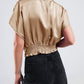 Short sleeve cropped satin top in beige