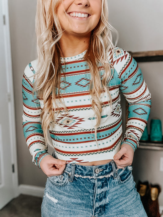 Aztec long-sleeve crop top