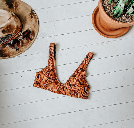 Tooled Leather Printed Bikini Top