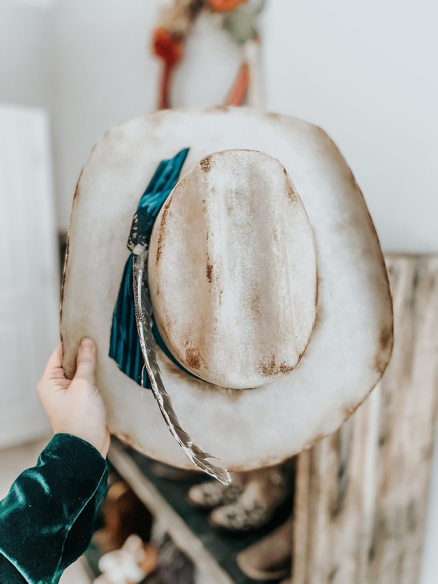 Blue Velvet Bow Western Cowboy Burnt Hat | Distressed hat |Western Hat | Feather Hat |Burned Boho Cowboy Hat