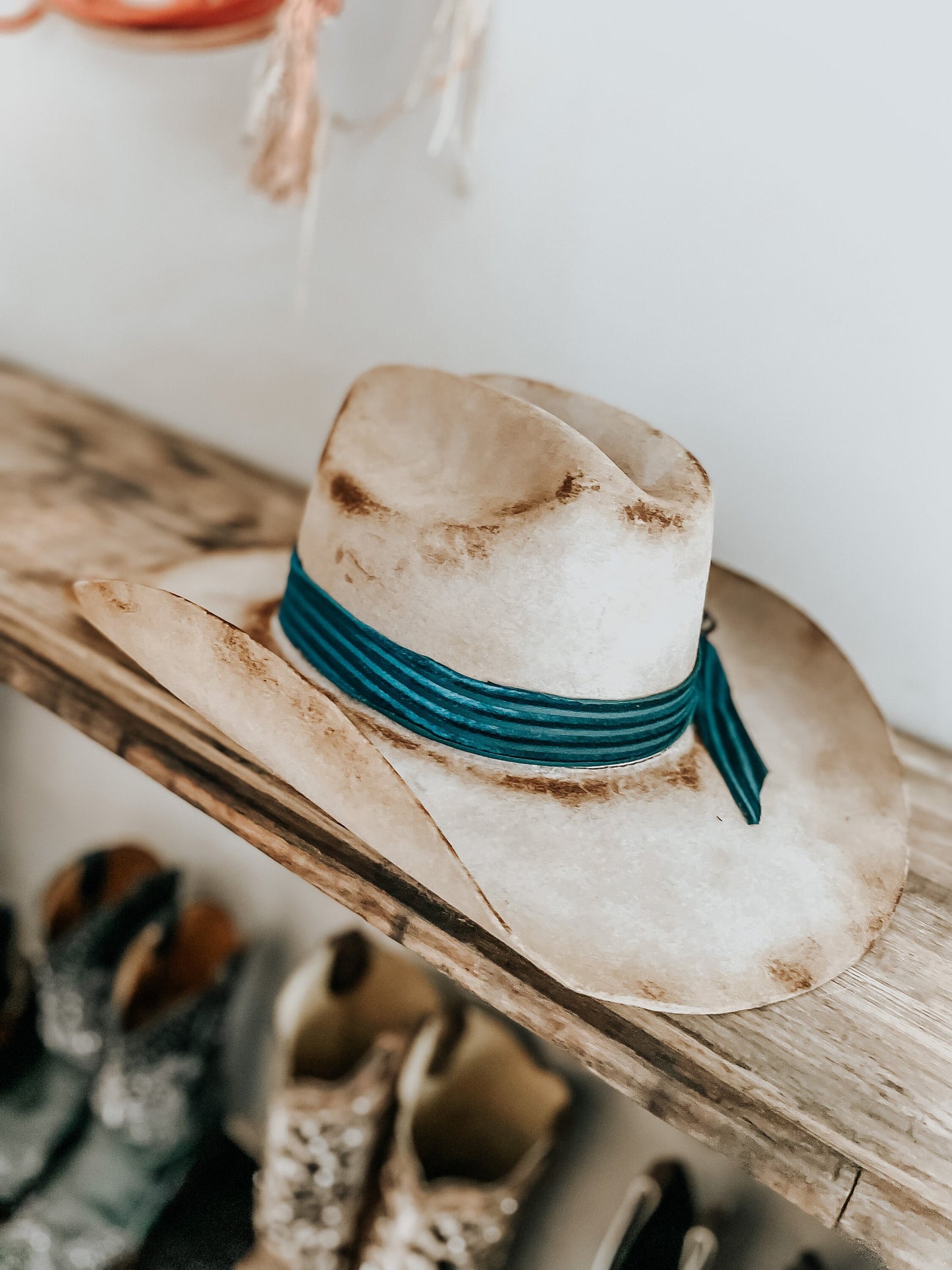 Blue Velvet Bow Western Cowboy Burnt Hat | Distressed hat |Western Hat | Feather Hat |Burned Boho Cowboy Hat