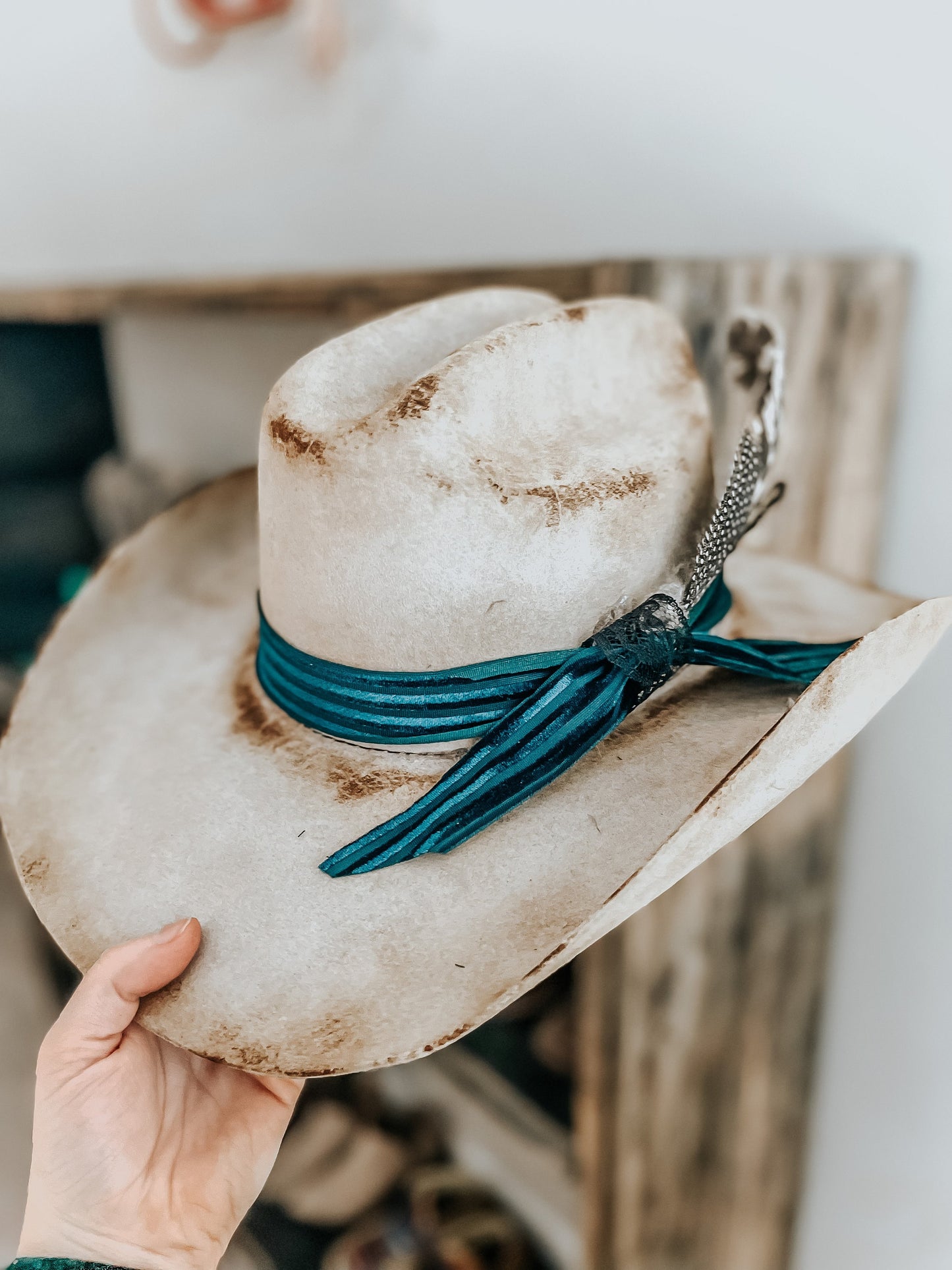 Blue Velvet Bow Western Cowboy Burnt Hat | Distressed hat |Western Hat | Feather Hat |Burned Boho Cowboy Hat