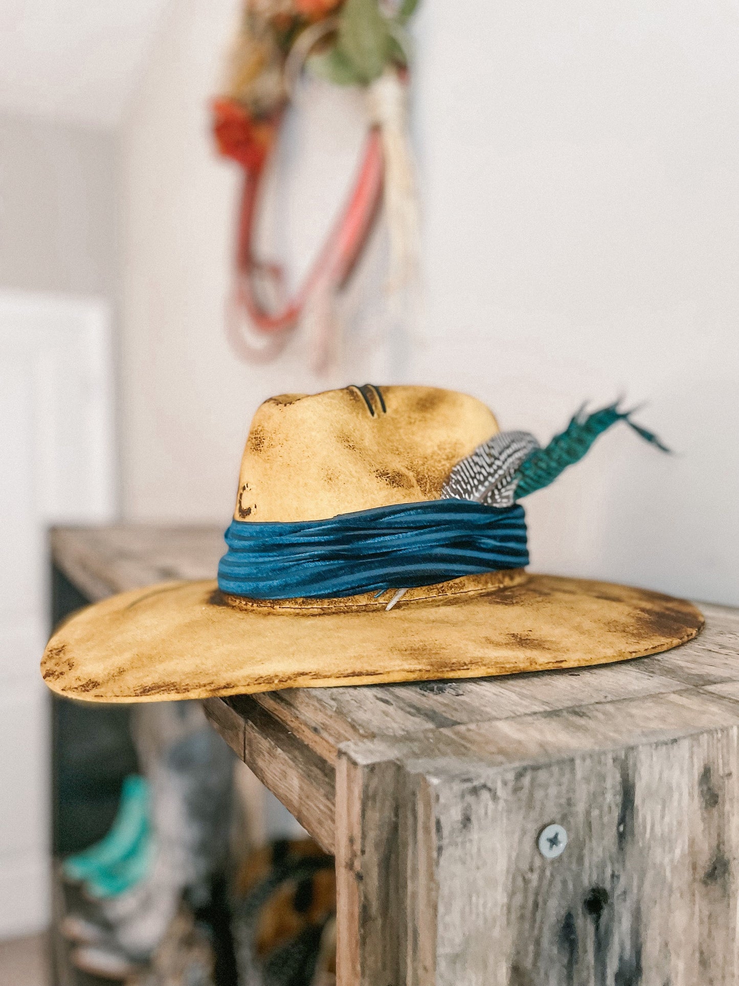 Wild West Charlie 1 Horse Burnt Yellow Hat | Burnt Hat | Vintage Hat | Distressed Hat | Western Burnt Hat | Burnt Fedora | Blue Feather Hat