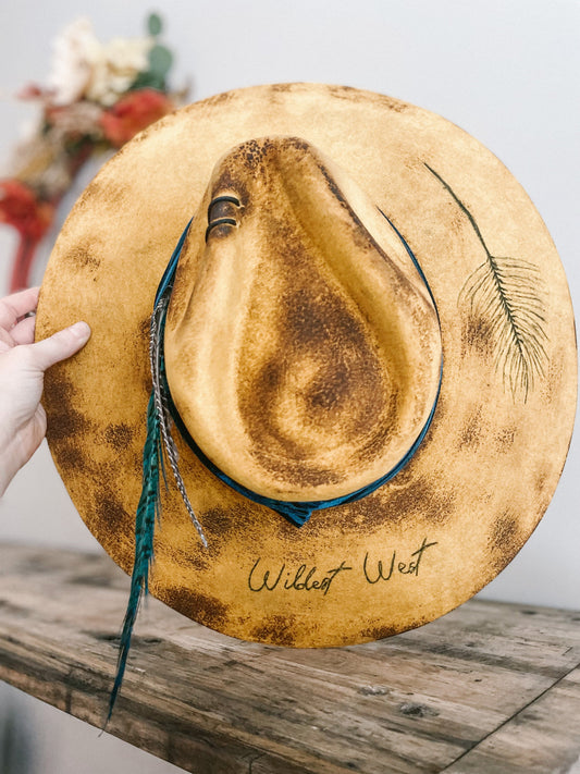 Wild West Charlie 1 Horse Burnt Yellow Hat | Burnt Hat | Vintage Hat | Distressed Hat | Western Burnt Hat | Burnt Fedora | Blue Feather Hat