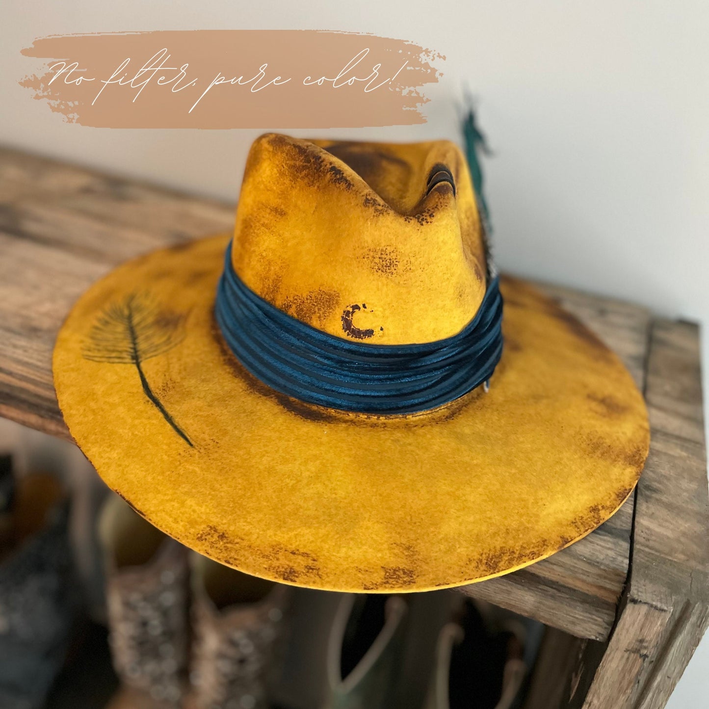 Wild West Charlie 1 Horse Burnt Yellow Hat | Burnt Hat | Vintage Hat | Distressed Hat | Western Burnt Hat | Burnt Fedora | Blue Feather Hat