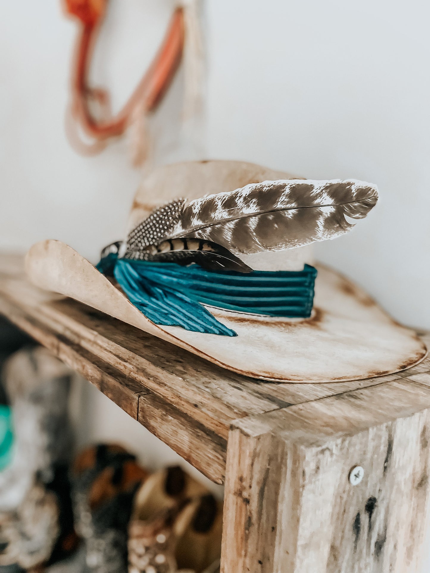 Blue Velvet Bow Western Cowboy Burnt Hat | Distressed hat |Western Hat | Feather Hat |Burned Boho Cowboy Hat