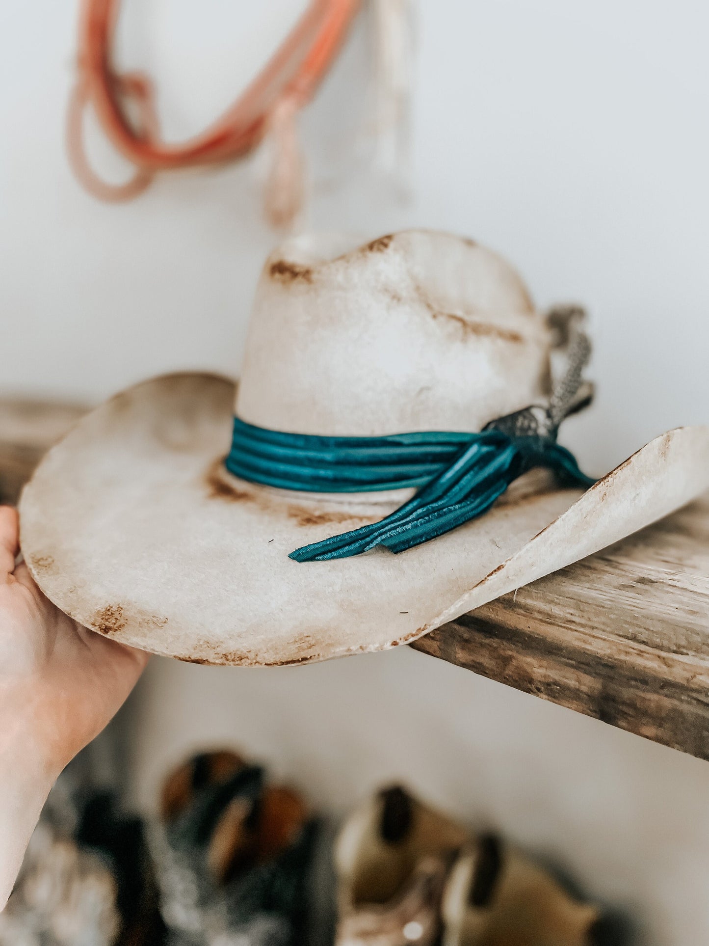 Blue Velvet Bow Western Cowboy Burnt Hat | Distressed hat |Western Hat | Feather Hat |Burned Boho Cowboy Hat