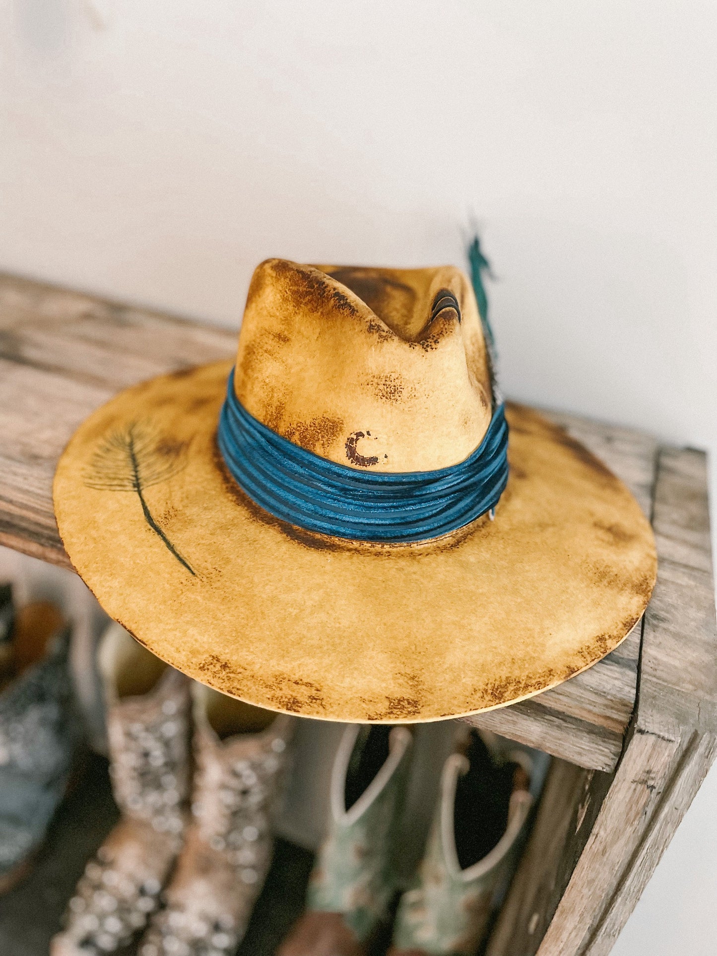 Wild West Charlie 1 Horse Burnt Yellow Hat | Burnt Hat | Vintage Hat | Distressed Hat | Western Burnt Hat | Burnt Fedora | Blue Feather Hat