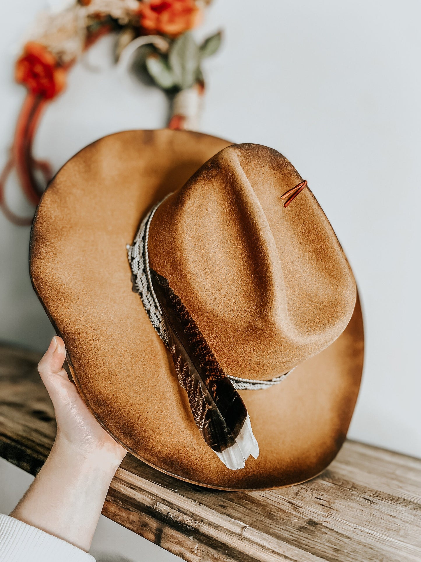 Burned Desert Edge | Burned Hat | Western Burned Hat | Feathered Hat | Distressed Hat | Burned Orange Hat