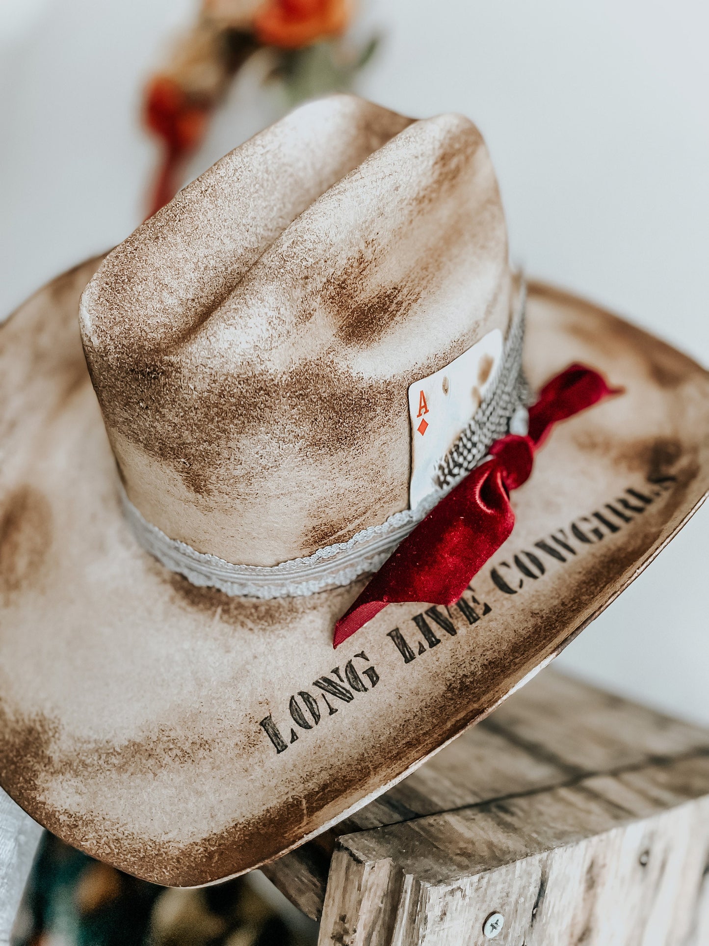 Long Live Cowgirls Hat| Burned Western Hat | Distressed Cowboy hat |Vintage Custom Hat | Feathered Hat