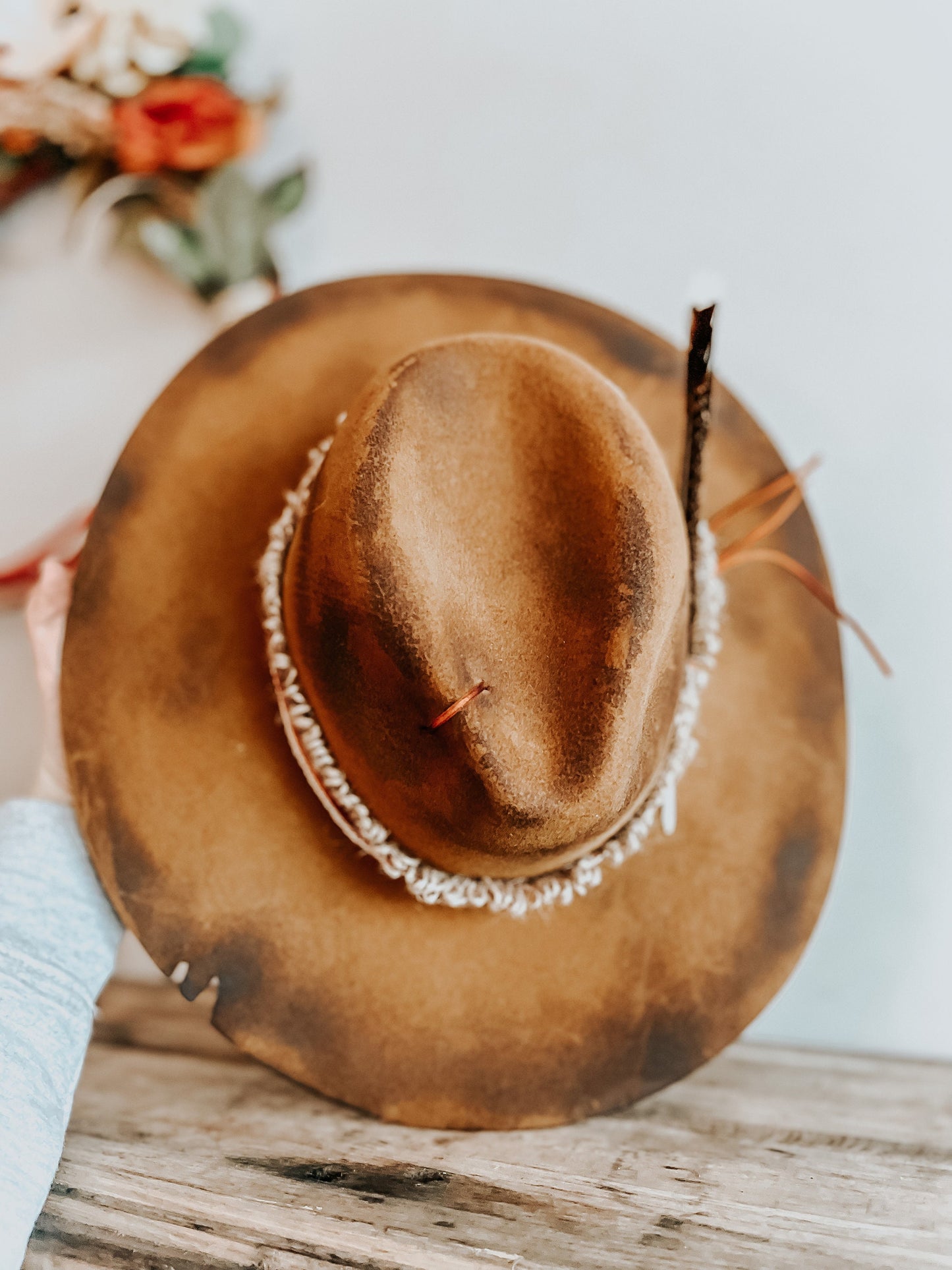 Wild Orange Western Burned Hat | Fedora Hat | Feathered Hat | Distressed Hat | Orange Burned Hat