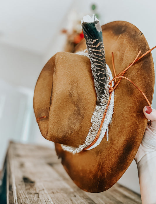 Wild Orange Western Burned Hat | Fedora Hat | Feathered Hat | Distressed Hat | Orange Burned Hat